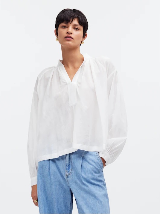 Madewell Shirred Long Sleeve V-Neck Top Blouse White Sz Small Nq888